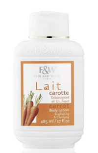 Thumbnail for A white bottle of Fair and White Paris carrot body lotion with a white cap and a label featuring carrots, on a white background.