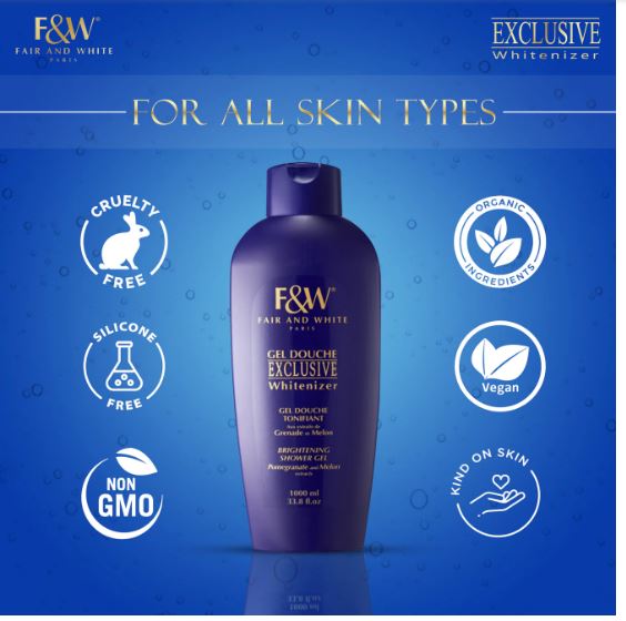 Purple bottle of F&W skincare product on a blue background with brand logos and product features.
FAIR & WHITE Exclusive Shower Gel Pomegranate and Melon extracts (1000 ml)
