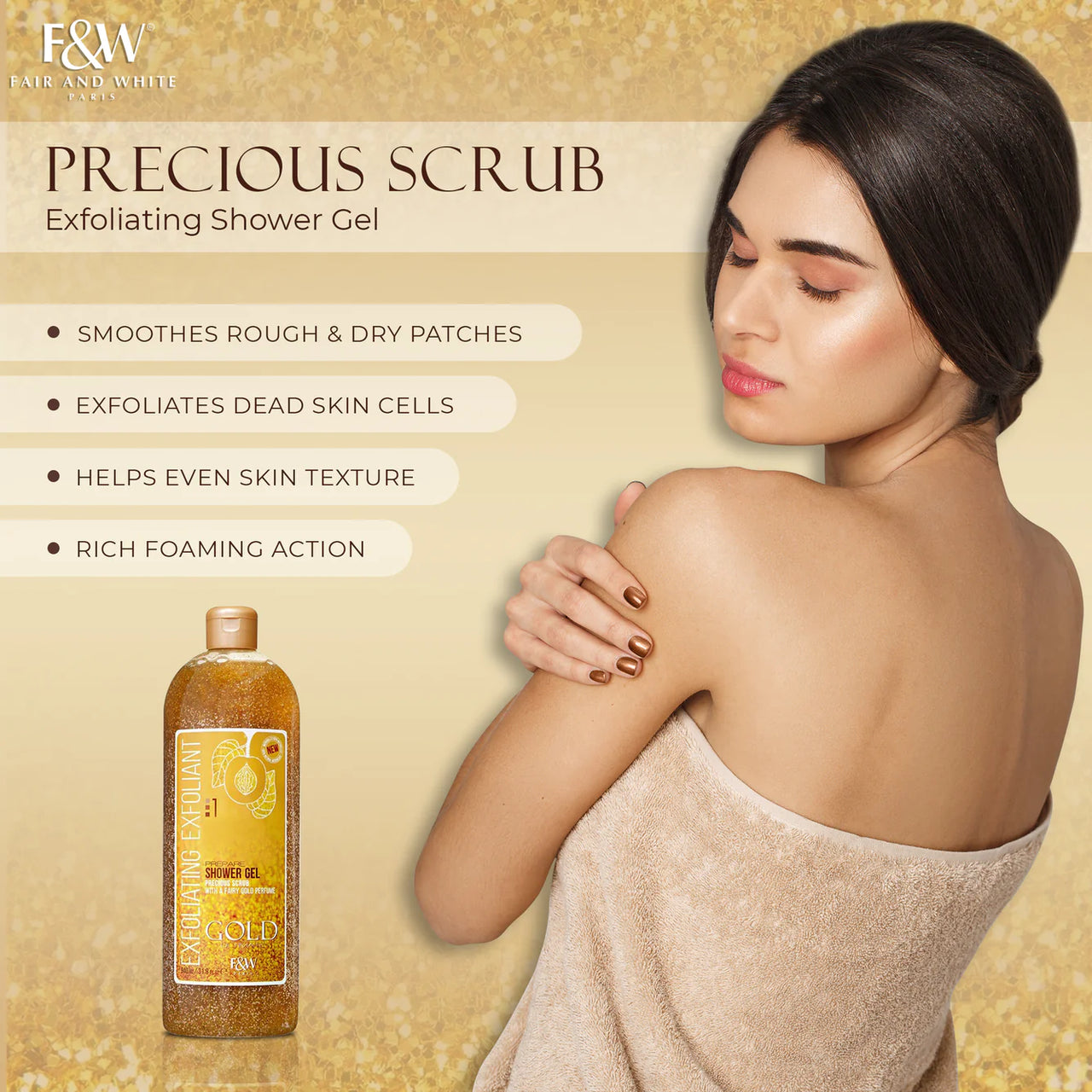 FAIR & WHITE  Gold Exfoliating Shower Gel Precious Scrub(940 ML), Sareya Beauty Supply store in calgary Alberta Canada