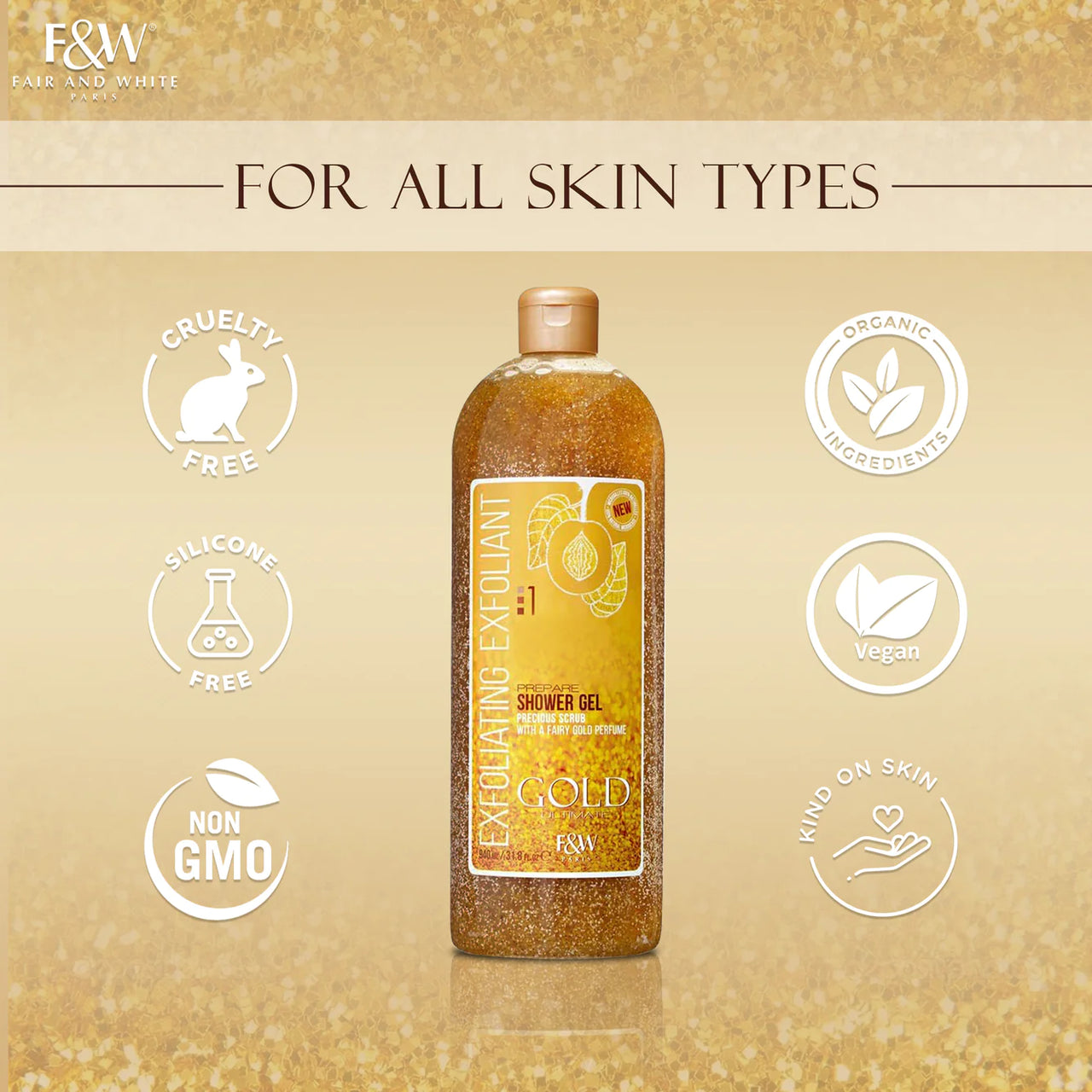 FAIR & WHITE  Gold Exfoliating Shower Gel Precious Scrub(940 ML), Sareya Beauty Supply store in calgary Alberta Canada