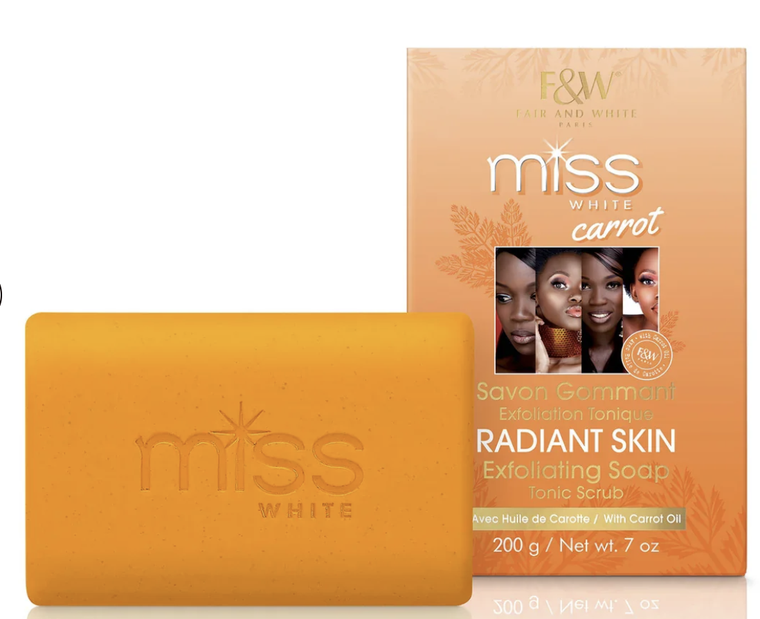 Miss White Radiant Skin exfoliating soap bar in orange-yellow, shown in front of its matching orange packaging box on a white background.