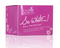 Thumbnail for A pink rectangular box of Fair & White So White! Skin Perfector cream, featuring white text and floral designs, set against a white background with a soft reflection below.