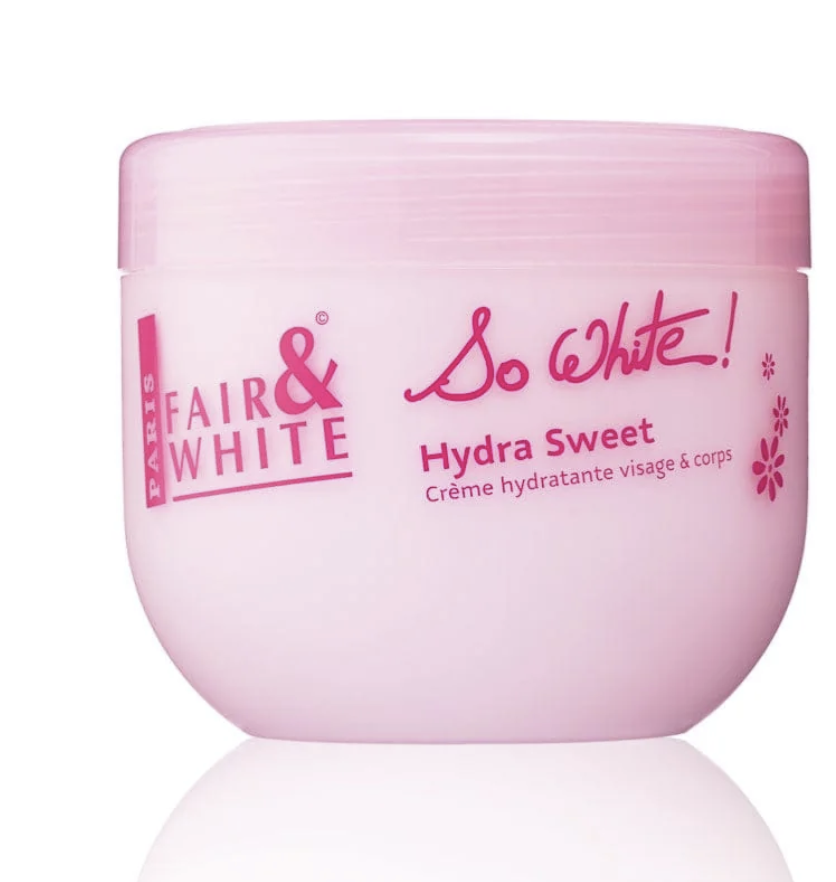 A pink cosmetic jar of Fair & White So White! Hydra Sweet cream, shown on a white background with a soft reflection below.
