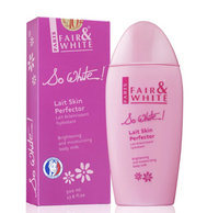 Thumbnail for Pink Fair & White Paris 'So White! Lait Skin Perfector' body milk bottle next to its purple packaging box on a white background.