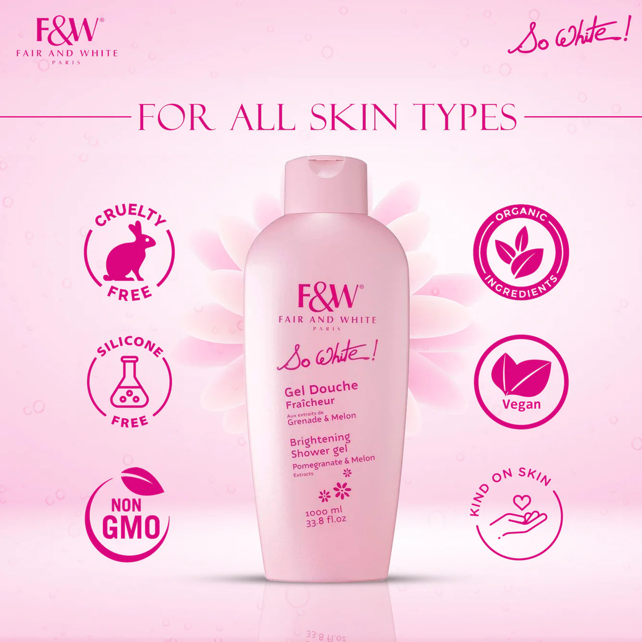 FAIR & WHITE So White Refreshing Brightening Body Wash - 1000ml / 33.8 fl oz - Daily Moisturizing Skin Shower Gel, with Pomegranate & Melon Extracts- ingredients
