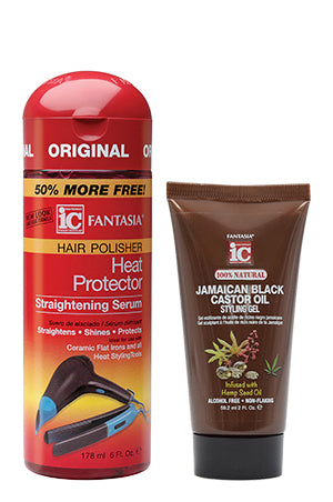 Two bottles of hair care products, one with a red cap and label reading 'FANTASIA IC Heat Protector Serum', and the other with a brown cap and label stating 'Jamaican Black Castor Oil Styling Gel'.