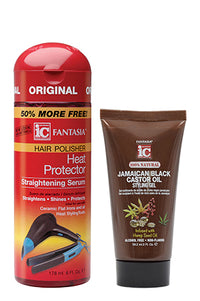 Thumbnail for Two bottles of hair care products, one with a red cap and label reading 'FANTASIA IC Heat Protector Serum', and the other with a brown cap and label stating 'Jamaican Black Castor Oil Styling Gel'.