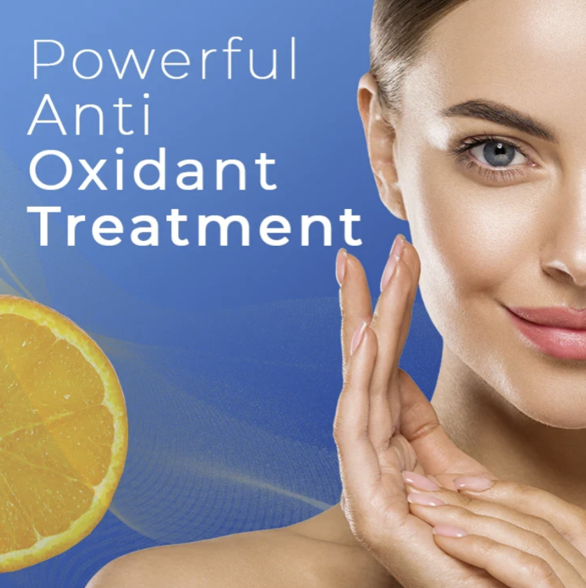 Promotional skincare graphic with the text 'Powerful Anti Oxidant Treatment' on a blue background, alongside a close-up of a woman's face and hands, and a sliced orange on the left.
