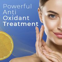 Thumbnail for Promotional skincare graphic with the text 'Powerful Anti Oxidant Treatment' on a blue background, alongside a close-up of a woman's face and hands, and a sliced orange on the left.