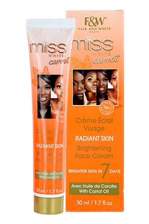 F&W Fair and White Miss Miss White Carrot Radiant Skin Brightening Face Cream 50ml tube and matching orange packaging box.