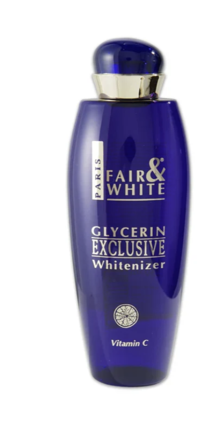A dark blue bottle of Fair & White Paris Glycerin Exclusive Whitener with Vitamin C, featuring a metallic silver collar and white text on a white background.