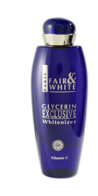 Thumbnail for A dark blue bottle of Fair & White Paris Glycerin Exclusive Whitener with Vitamin C, featuring a metallic silver collar and white text on a white background.