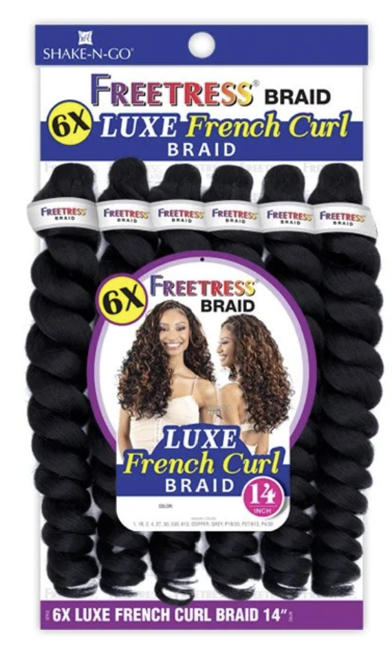 Shake-N-Go Freetress Braid Luxe French Curl Braid package containing six 14-inch bundles of black synthetic hair extensions.