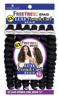 Thumbnail for Shake-N-Go Freetress Braid Luxe French Curl Braid package containing six 14-inch bundles of black synthetic hair extensions.