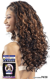 Thumbnail for A woman shown in profile with long, voluminous curly hair extensions. A package of Freetress Braids is held near the lower left, and the text 'COLOR SHOWN: P4/30' appears in the bottom right corner.