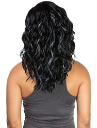 Thumbnail for Person wearing a black wavy wig on a white background