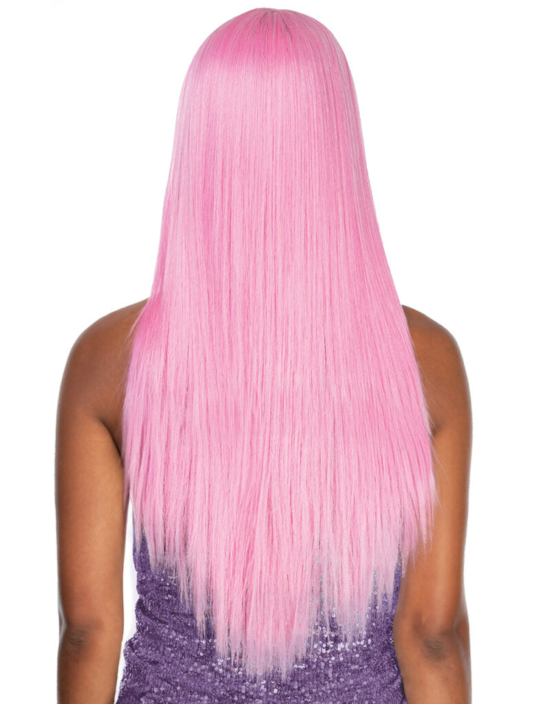 Person wearing a long pink wig on a white background