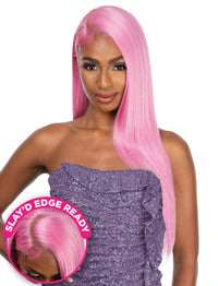 Thumbnail for Woman with pink hair styled in a sleek, straight manner, wearing a purple outfit.