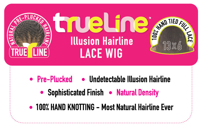 Trueline illusion hairline lace wig packaging with pink background and text.