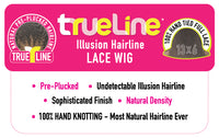 Thumbnail for Trueline illusion hairline lace wig packaging with pink background and text.