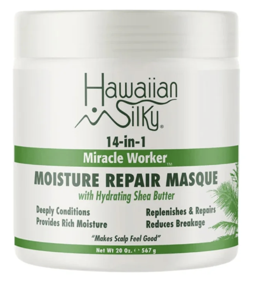 Hawaiian Silky 14-in-1 Miracle Worker Moisture Repair Masque revives tresses with an ultra-hydrating, deeply nourishing formula. 