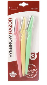 Thumbnail for Packaging of three eyebrow razors in pink, yellow, and green with a red label.