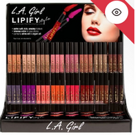 Thumbnail for Display of L.A. Girl Lipify lipsticks with a close-up of a model wearing red lipstick.