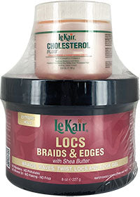 Thumbnail for A container of LEKAIR LOCS BRAIDS EDGE GEL with CHOLESTEROL, designed for hair styling, prominently displaying the product name and shea butter association.