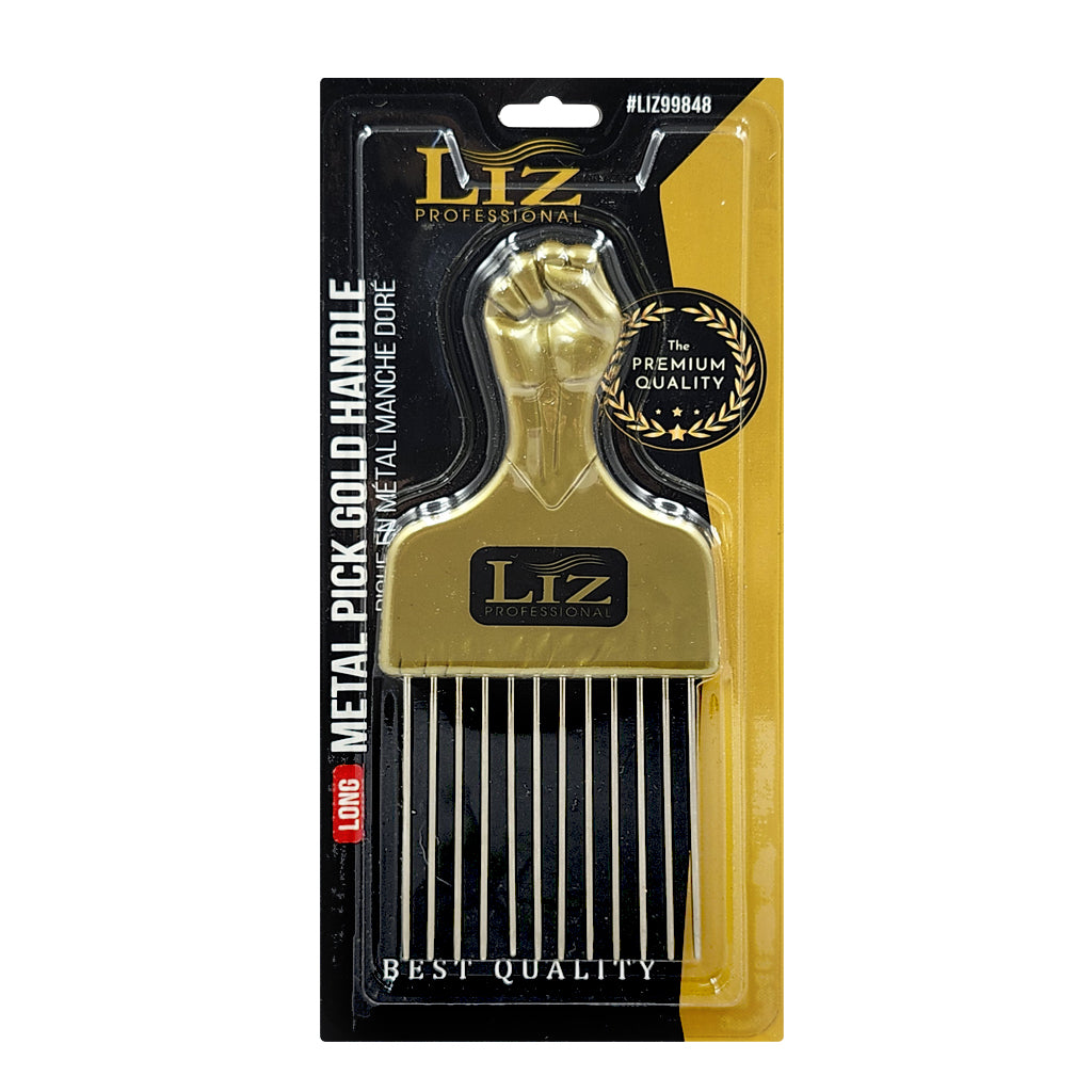 Gold metal pick comb in packaging with LIZ Professional branding