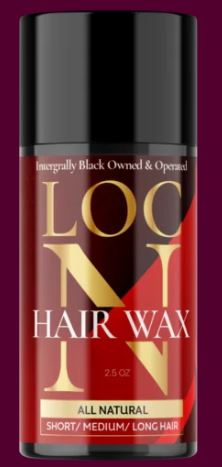 A bottle of LOC N HAIR WAX with a red and black label, indicating it is an all-natural product with a short and medium hold for locs and braids.