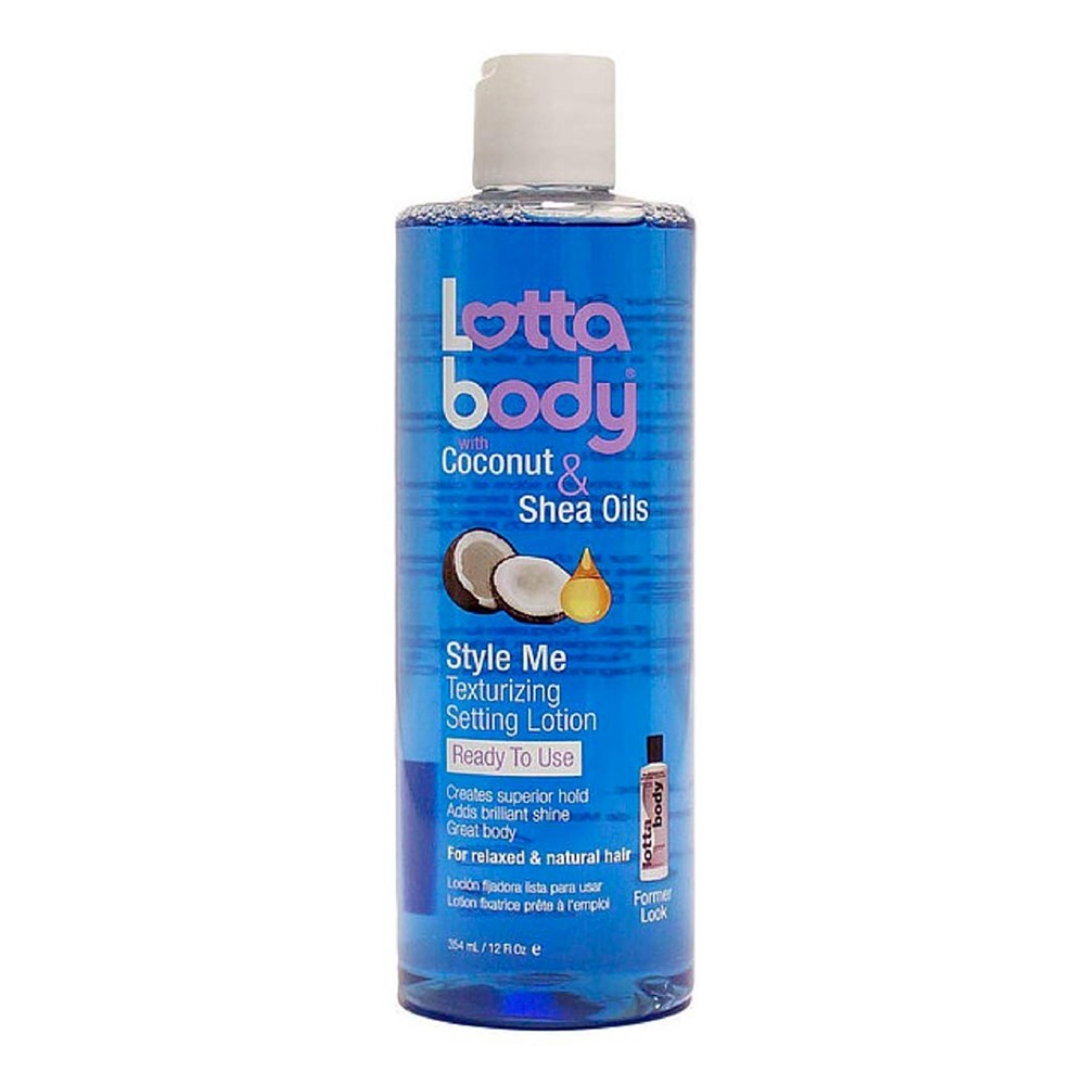 A bottle of LOTTABODY Coconut & Shea Oils Texturizing Setting Lotion, predominantly blue with white and red text, and images of coconuts and shea nuts.