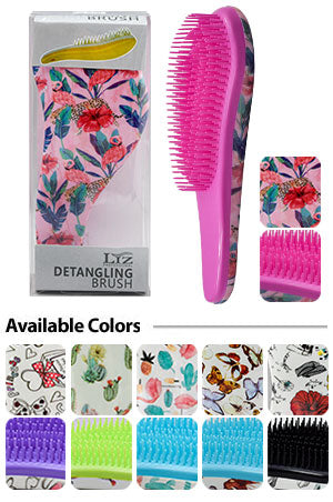 Detangling brush with floral packaging and color options displayed.
