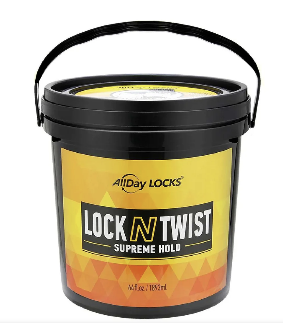 Black and yellow container of AllDay Locks Lock N Twist hair product on a white background