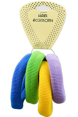 Four ribbed elastic hair ties in blue, green, yellow, and purple, attached to a pale yellow guitar-shaped cardboard header that reads 'HAIR ACCESSORY'.