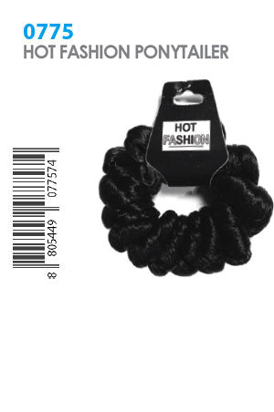 Black curly hair ponytail extension with a black plastic hanger tag, shown on a plain white background with text reading '0775 HOT FASHION PONYTAILER' and a barcode on the left.