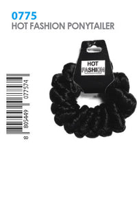 Thumbnail for Black curly hair ponytail extension with a black plastic hanger tag, shown on a plain white background with text reading '0775 HOT FASHION PONYTAILER' and a barcode on the left.