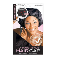 Thumbnail for Packaging of a drawstring hair cap with a model wearing it on a white background