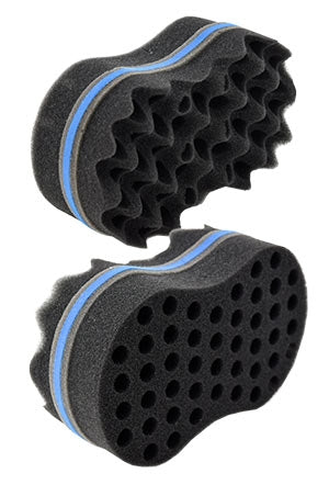 Two black foam car brush sponges with blue accent stripes, shown from different angles on a white background.