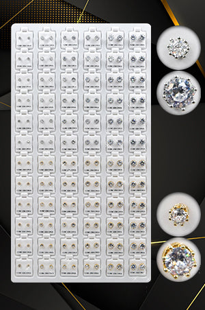 A display of various stud earrings, with a combination of gold and silver tones, showcasing different sparkling stone accents.