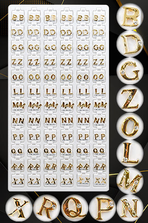 A collection of gold earrings, each featuring a letter of the alphabet, displayed in a grid format.
