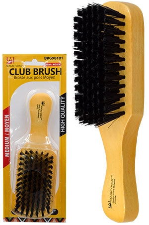 A wooden hairbrush with black bristles shown next to its retail packaging. The brush has a light natural wood handle and black bristles, while the packaging is yellow and white with the text 'CLUB BRUSH' and 'HIGH QUALITY'.