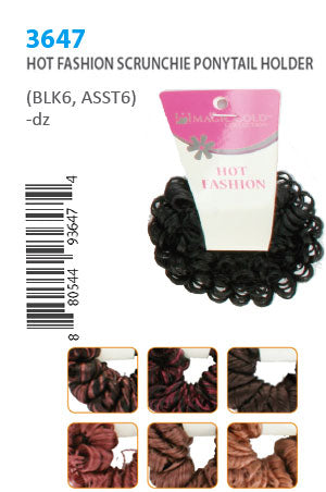Black scrunchie ponytail holder on a white background with a pink and white retail card, plus six small thumbnail color options along the bottom. Text at the top reads '3647 HOT FASHION SCRUNCHIE PONYTAIL HOLDER (BLK6, ASST6) -dz'.