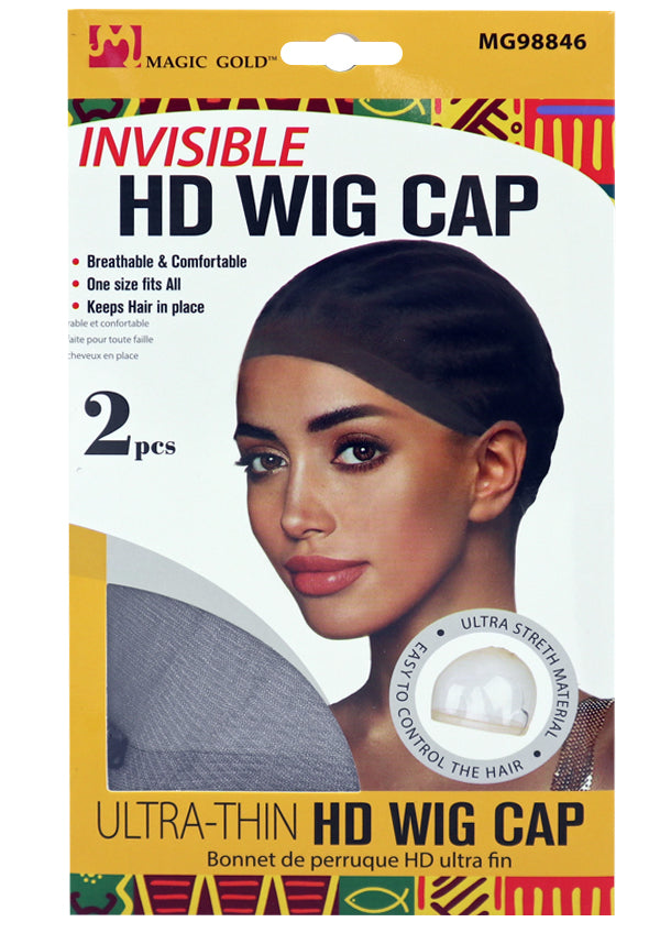 Package of Magic Gold Invisible HD Wig Cap with a model wearing the cap on the front.