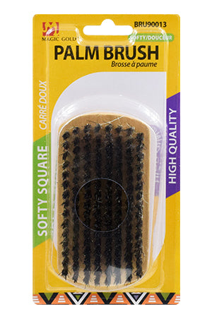 A packaged Magic brand palm square brush, with black bristles and a beige handle, displayed in a clear plastic case with yellow and purple labeling.