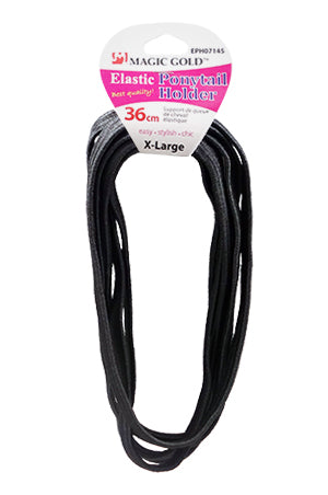 A pack of black elastic ponytail holders, 36cm long, in X-Large size, packaged on a white and pink Magic Gold card.