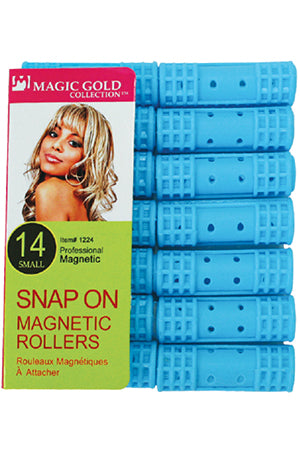 Blue snap-on magnetic rollers with packaging featuring a woman's face and product details.
