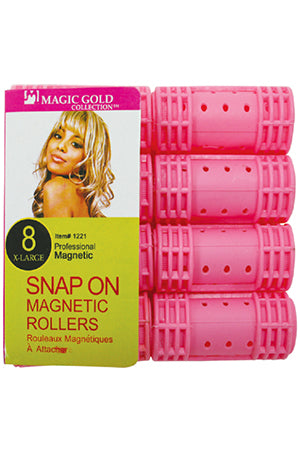Packaging of pink snap-on magnetic rollers with a model image on a white background