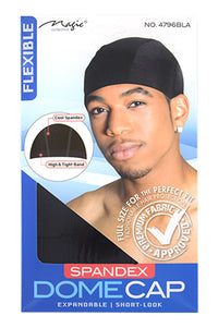 Thumbnail for Packaging of a black Magic Spanex Dome Cap with a male model wearing the cap. The package highlights the flexibility and snug fit of the cap.