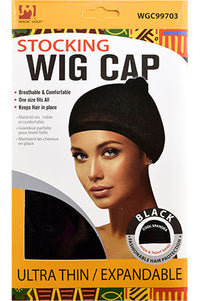 Thumbnail for Packaging for a black stocking wig cap with a model wearing the cap. The packaging highlights the cap's features such as breathability, comfort, and ability to keep hair in place.