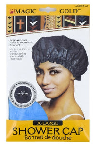 Thumbnail for Packaged X-Large Magic Gold shower cap in black, shown on its retail card with a model wearing the shiny black bonnet.